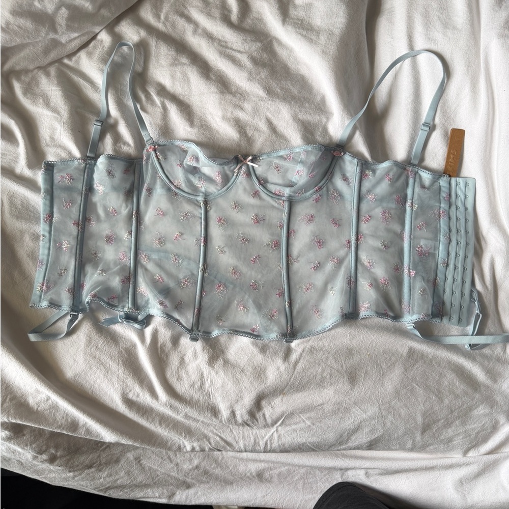 SKIMS Spring intimates Sheer Embroidered Corset Top in Light Blue pink florals - Picture 7 of 9
